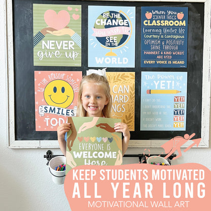 Hadley Designs Motivational Poster for Classroom Decor - 9 Growth Mindset Classroom Posters Elementary, Inspirational Wall Decor Middle School, Teacher Must Haves, Retro Bulletin Board Decorations