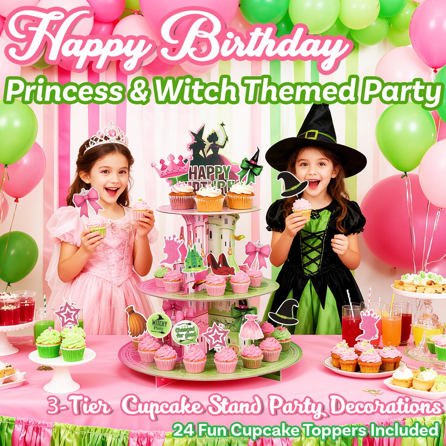 Princess and Witch Cupcake Stand with Cupcake Toppers – 3 Tiers Pink and Green Wizard Cupcake Tower with 24 PCS Witch and Fairy Cupcake Toppers for Birthday Decorations