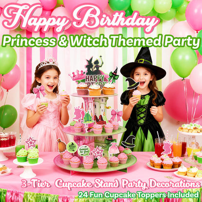 Princess and Witch Cupcake Stand with Cupcake Toppers – 3 Tiers Pink and Green Wizard Cupcake Tower with 24 PCS Witch and Fairy Cupcake Toppers for Birthday Decorations