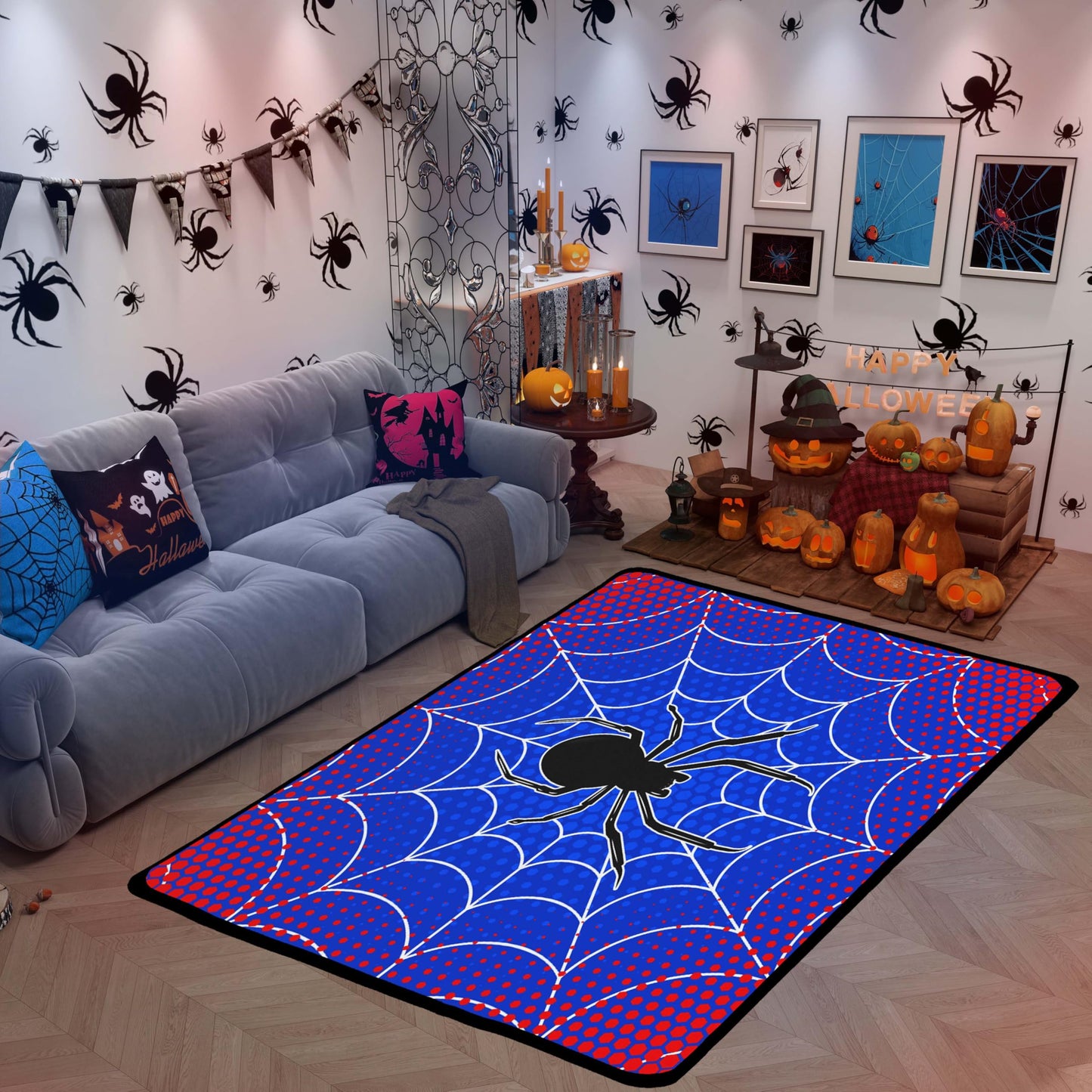 Spider Web Kids Area Rug,Black Spider Arachnid Insect Animals Indoor Floor Mat Entrance Rug for Boys Man Girls Women,Happy Halloween Non Slip Rug,Red Blue Fashion Couch Living Room Decor,3'x5'