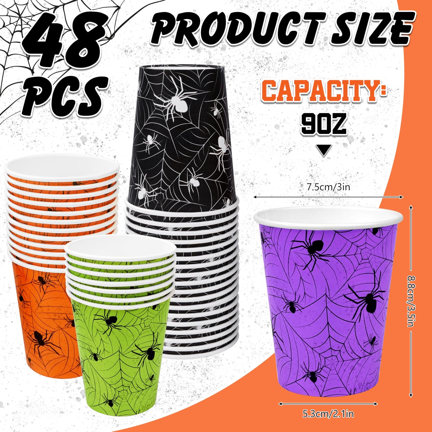 TREWAVE 48Pcs Halloween Paper Cups - 9oz Disposable Party Cups for Hot/Cold Drinks, Snacks - Spider Web Pattern Design in Orange, Purple, Black, Green - Festival Party Supplies