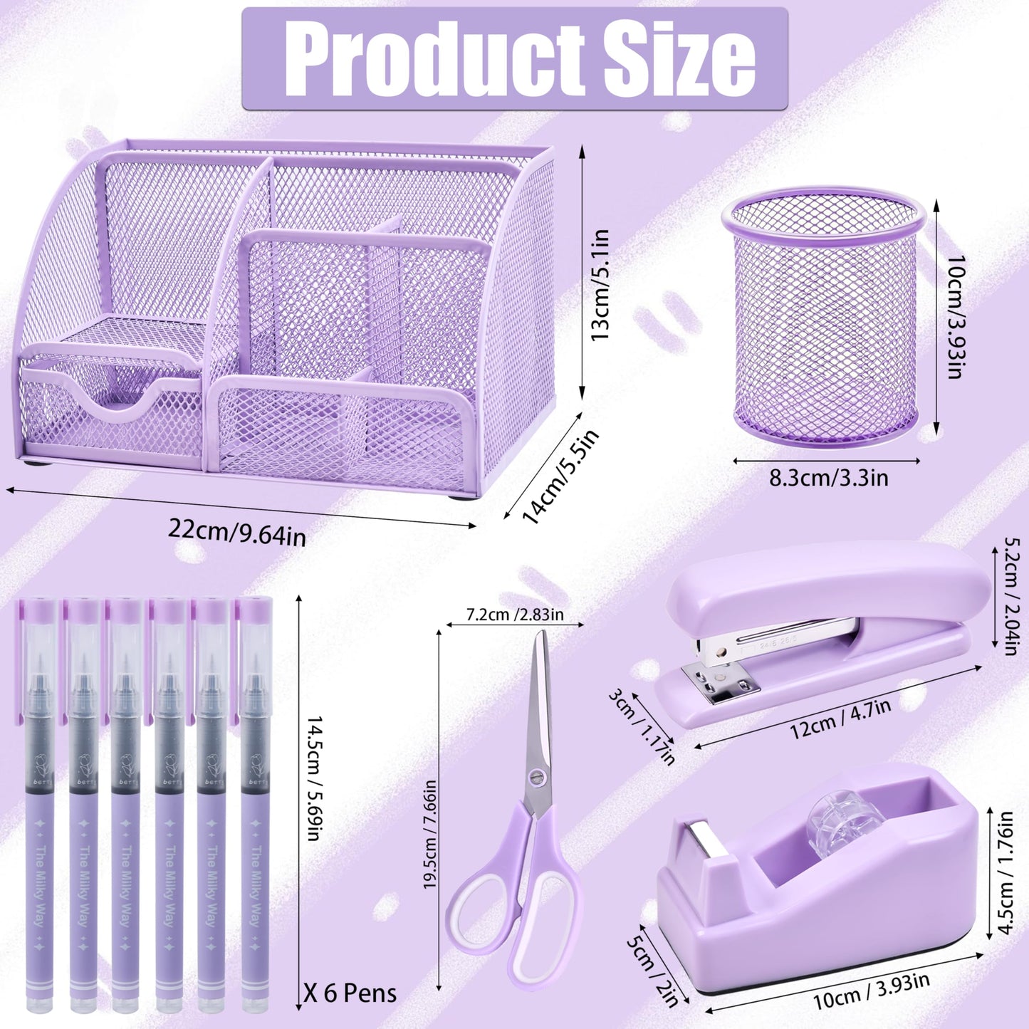Purple Desk Accessories, 26Pcs Office Supplies and Desk Organizers, with Tape Dispenser, Stapler, Staple Remover Ect, Gift Box Packaging