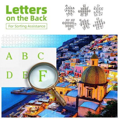 MINIWAN 500 Piece Jigsaw Puzzles for Adults & Seniors - Positano Italy Coast Landscape Puzzle, 23"x15" Adult Puzzle with Letters on Back, Unique Shaped Pieces, Home Decor & Gift