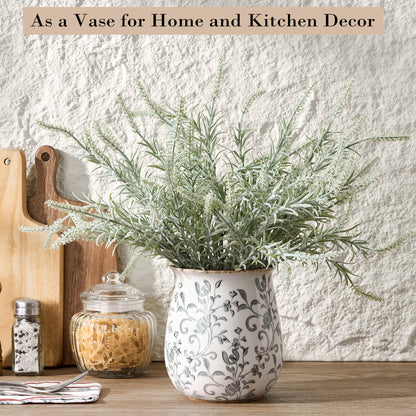 Utensil Holder for Kitchen Counter, Modern Farmhouse Cooking Utensil Holder and Crock Home Kitchen Decor, Ceramic Utensil Organizer for Spatula, Ladle, Eggbeater, Rolling Pin- Gray Flower Patterns