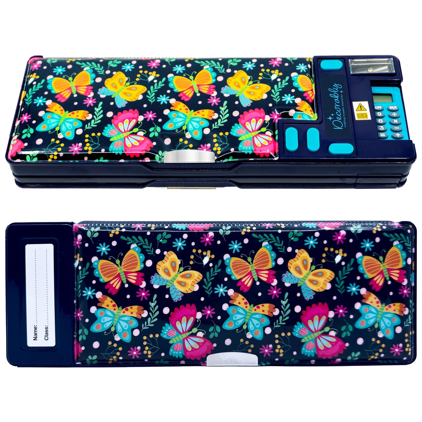 Decorably Pop Up Butterfly Multifunctional Pencil Case for Girls with Calculator, Sharpener, Pen Slots, Mini Drawer and 2 Main Compartments with Magnetic Closure - Back to School Gift for Kids