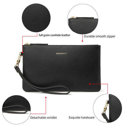 DORIS&JACKY Small Leather Wristlet Clutch Purse for Women Slim Designer Wallet and Cellphone Pouch Bag With Detachable Strap (Black)