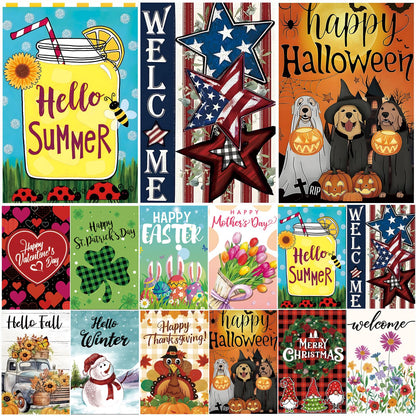 Seasonal Garden Flags Set of 12 Double Sided 12x18 Inch, Small Yard Flags for Outside, Spring Summer Fall Winter & Holiday Outdoor Decor, 4th of July Halloween Christmas Decorations for All Seasons