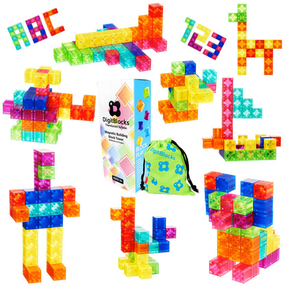 BrainSpark 48PCS Translucent Mulit-Color DigitBlocks Magnetic Building Blocks, Montessori Clear Magnet Cubes for Boys Girls Stacking Block Sets Ages 3-9