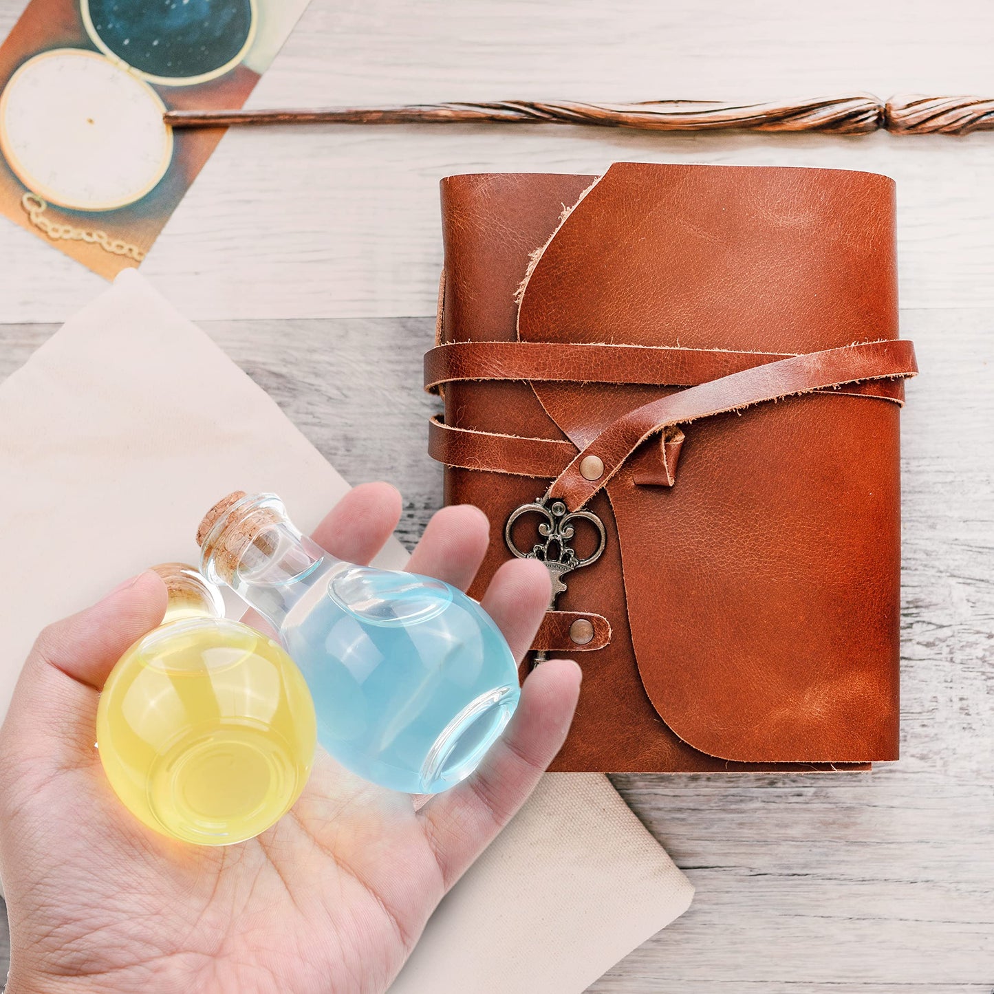 Eco-Fused Cosplay Potion Bottle 2x (Big/Small) - Clear Spherical, Wizard, Costume Accessory - Incl. Cork Stopper, Brown Faux Leather Sleeve Holder, Belt Loop