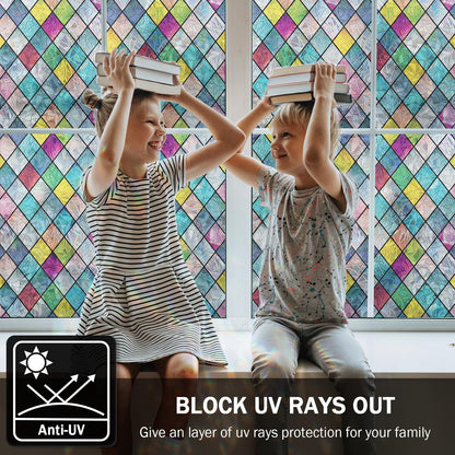 FEOMOS Stained Glass Window Film, Window Privacy Films, Colorful Lattice Window Tint, Rainbow Glass Decals Stickers for Home Anti UV 17.3x118 inches
