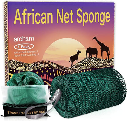 ARCH&M African Net Sponge Authentic Exfoliating Shower & Bath Loofah | 53" Long Back Scrubber, Quick-Dry Mesh Body Sponge, All Skin Types, Sensitive-Skin Friendly, Travel Toiletry Bag