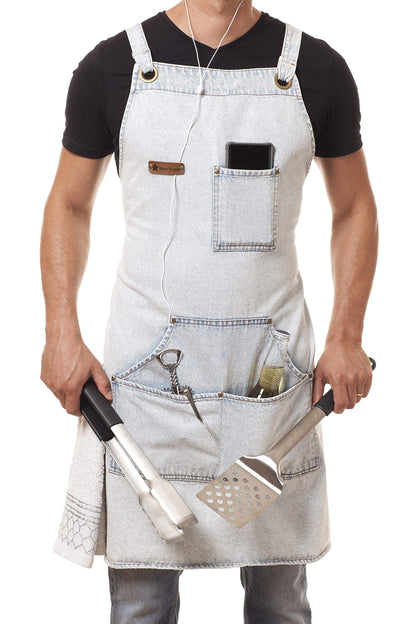 ARAWAK BRAVE Distressed Denim Apron Chef Kitchen BBQ Grill Light Blue Towel Loop + Quick Release Buckle + Tool Pockets Adjustable M to XXL