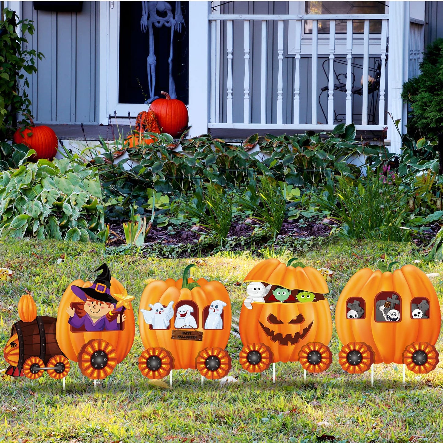 Shellwei 4 Pcs Thanksgiving Pumpkin Yard Outdoor Decor Skeleton Train Yard Signs Autumn Harvest Decorations for Lawn Outdoor Garden Farmhouse Home Thanksgiving Party Decor(Pumpkin,Yellow)