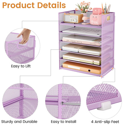 Subekyu 6-Tier Desk Paper Organizer, Desktop File Letter Tray with Handle, Document Sorter and Accessories Holder for Office, Home and School Workspace Organizers, Purple-2 Pack