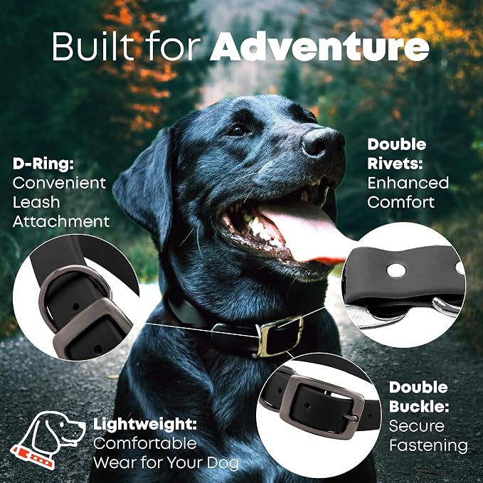 Regal Dog Products Large Black Dog Collar with Heavy Duty Double Buckle & D Ring | Vinyl Coated, Custom Fit, Adjustable Biothane Dog Collar | Chew Resistant Waterproof Collar for Dogs