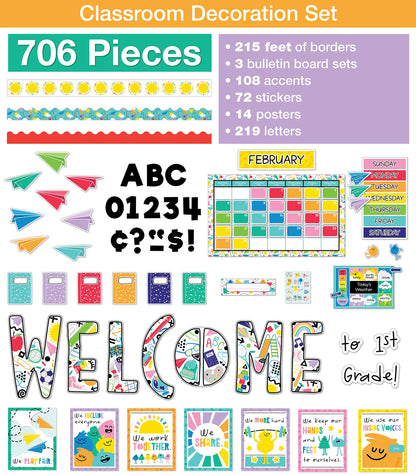 Carson Dellosa Happy Place 706PC Teacher Supplies, Calendar, Welcome Banner, Borders, Posters, Stickers, Name Labels for Kids and More Back to School Decorations for Bulletin Board and Classroom Decor