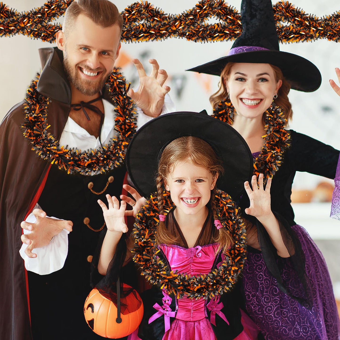 Halloween Decorations, 50FT Halloween Tinsel Garland Shiny Orange Black Metallic Twist Hanging Garland for Indoor Outdoor Home Tree Stairs Party Decorations