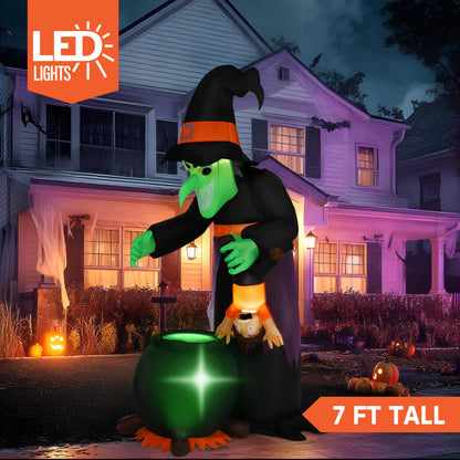 JOYIN 7FT Halloween Witch Animated Inflatable Decoration Witch Swinging Child Over Cauldron Inflatable Decoration Built in LED Giant Halloween Animatronics