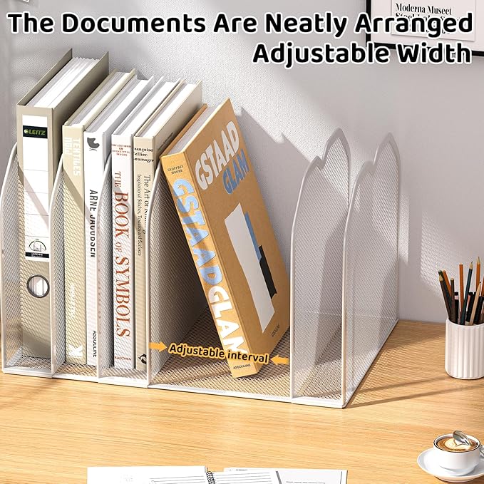 FANXIYQ White 7-Section File Folder Organizer for Desk – Metal Vertical File Holder, Desktop File Organizer Vertical Stand, Letter/A4 Folder Rack, Upright File Sorter, Office Paper Organizer