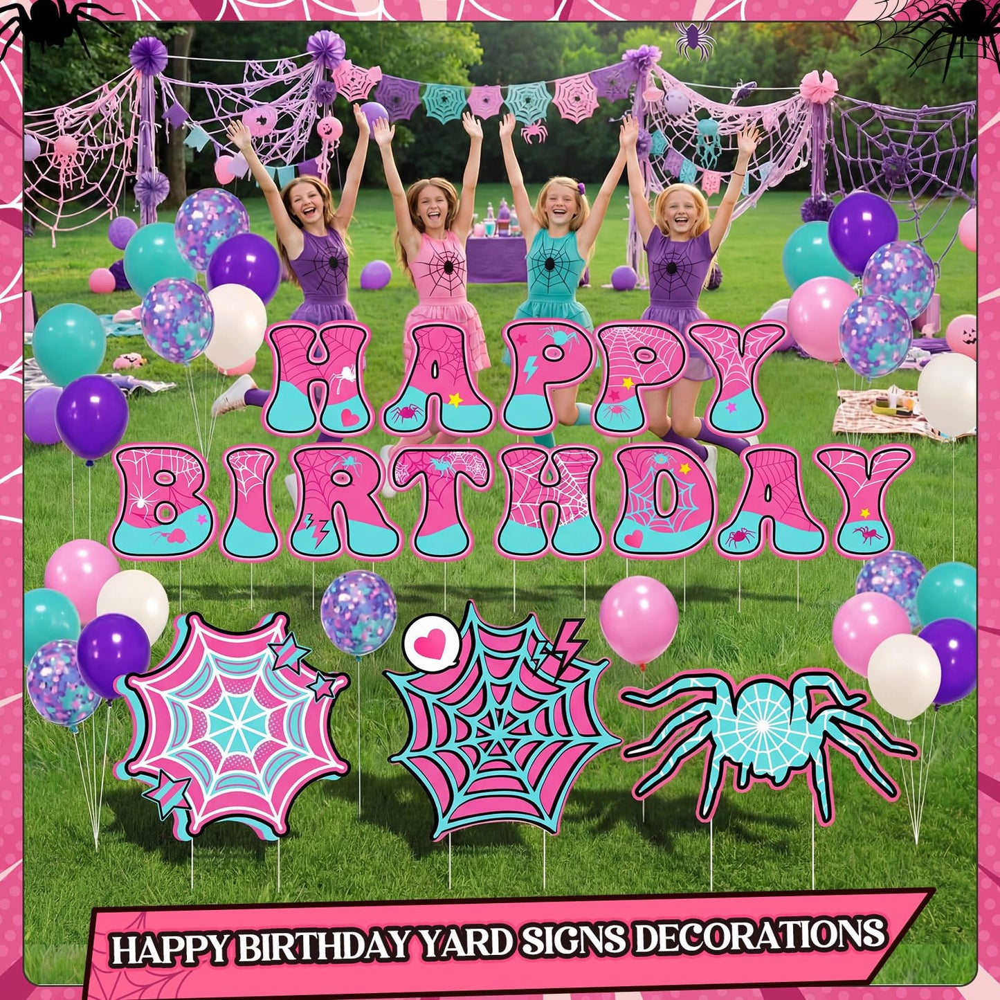 Soulchen 78 Pcs Spider Happy Birthday Party Decorations 13'' Spider Yard Signs with 60 Latex Balloons Decor Happy Birthday Letter Lawn Signs with Stakes for Outdoor Yard Lawn