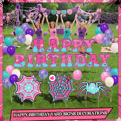 Soulchen 78 Pcs Spider Happy Birthday Party Decorations 13'' Spider Yard Signs with 60 Latex Balloons Decor Happy Birthday Letter Lawn Signs with Stakes for Outdoor Yard Lawn