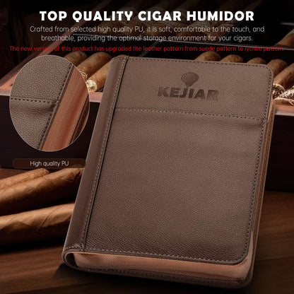 KEJIAR Cigar Humidor Case, Portable Cigar Box with Straight Cutter, V Cutter, Hole Puncher, Humidifier Packs, Travel Humidor and Cigar Accessories Gift Set Leather Cigar Case (Brown)