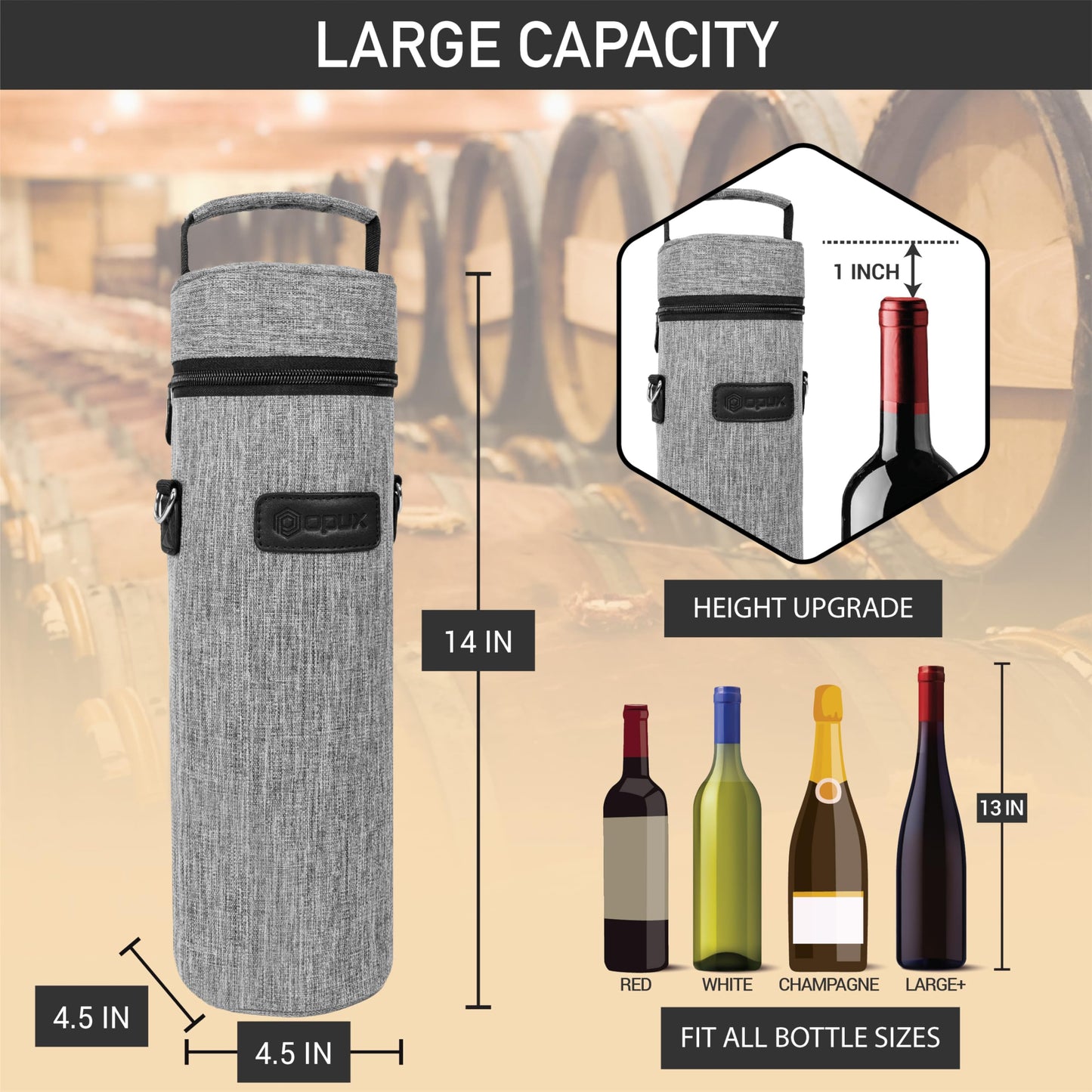 opux Wine Bag Single Bottle Carrier Tote, Insulated Wine Cooler Bag for Travel Picnic Beach with Shoulder Strap, Thermal One Bottle Holder Carrying Case Wine Gift for Women Men, Heather Light Gray