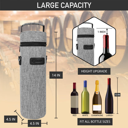 opux Wine Bag Single Bottle Carrier Tote, Insulated Wine Cooler Bag for Travel Picnic Beach with Shoulder Strap, Thermal One Bottle Holder Carrying Case Wine Gift for Women Men, Heather Light Gray