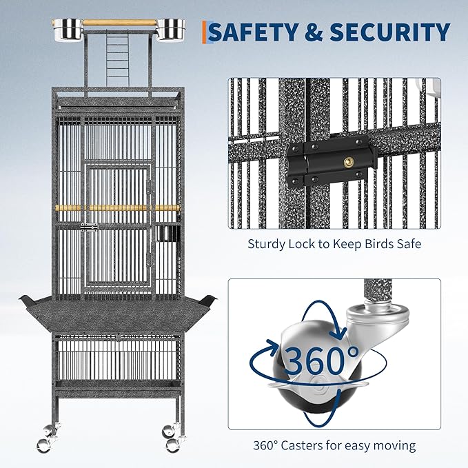 61 Inch Metal Bird Cage with Stand Large Rolling Parrot Cages with Play Top Seed Catcher Removable Tray Parrot Cage for Lovebirds Cockatiels Pigeon Finches, Black