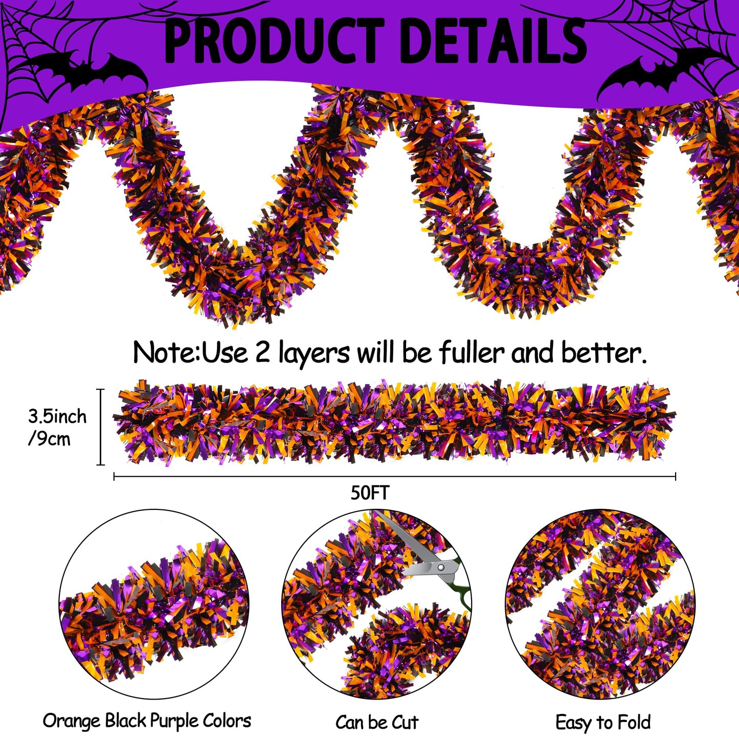 Lairyan 50FT Halloween Tinsel Garland Decorations, Shiny Orange Black Purple Metallic Twist Hanging Garland for Home Tree Stairs Indoor Outdoor Halloween Party Decorations