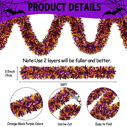 Lairyan 50FT Halloween Tinsel Garland Decorations, Shiny Orange Black Purple Metallic Twist Hanging Garland for Home Tree Stairs Indoor Outdoor Halloween Party Decorations