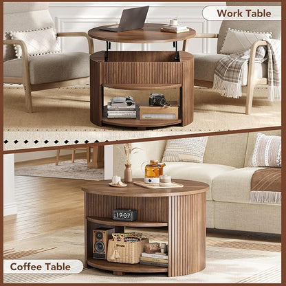 31.5" Round Lift Top Coffee Table with Storage, Fluted Mid-Century Modern Coffee Tables for Living Room, with Hidden Compartment, for Small Spaces & Home Office, Walnut