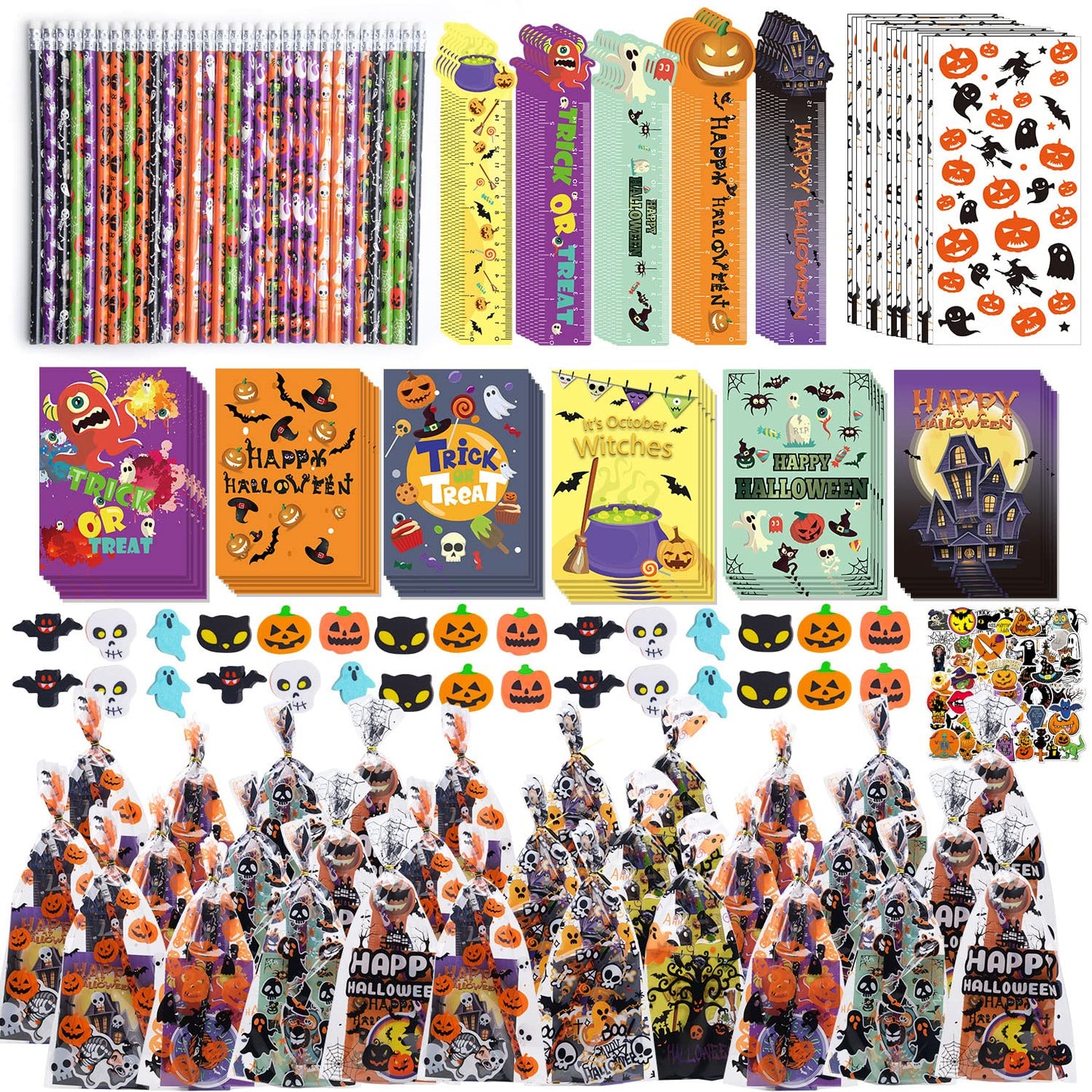 WOONOO 200PCS Halloween Party Favors for Kids Stationery Set, 30 PACK Assorted Halloween Goodie Bag Stuffers, Bulk Halloween Treats Bags for Trick or Treat Pencils Erasers Rulers