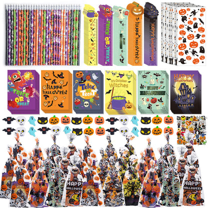 WOONOO 200PCS Halloween Party Favors for Kids Stationery Set, 30 PACK Assorted Halloween Goodie Bag Stuffers, Bulk Halloween Treats Bags for Trick or Treat Pencils Erasers Rulers