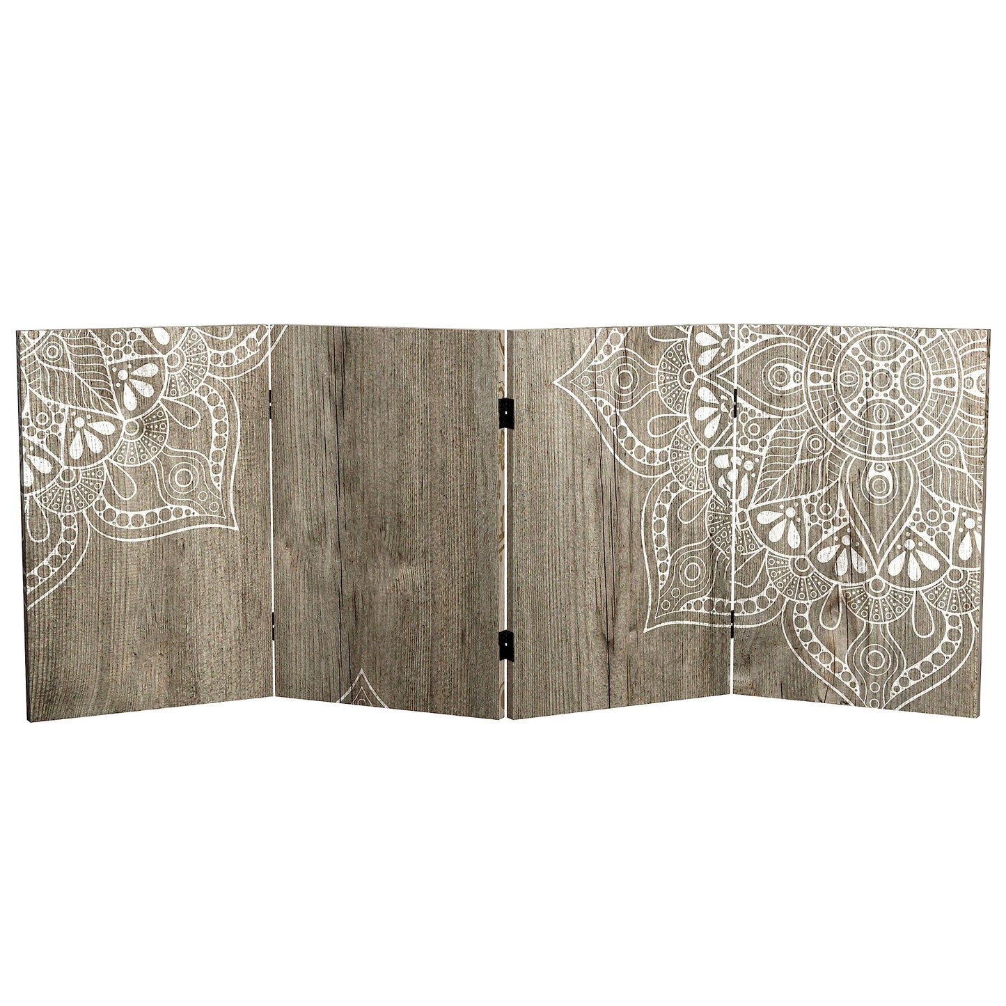 Red Lantern 2 ft. Short Double Sided Mandala on Oak Canvas Folding Screen 4 Panel Freestanding Partition and Separator for Modern and Contemporary Bedroom, Home Office, Studio, Dorm, Apartment