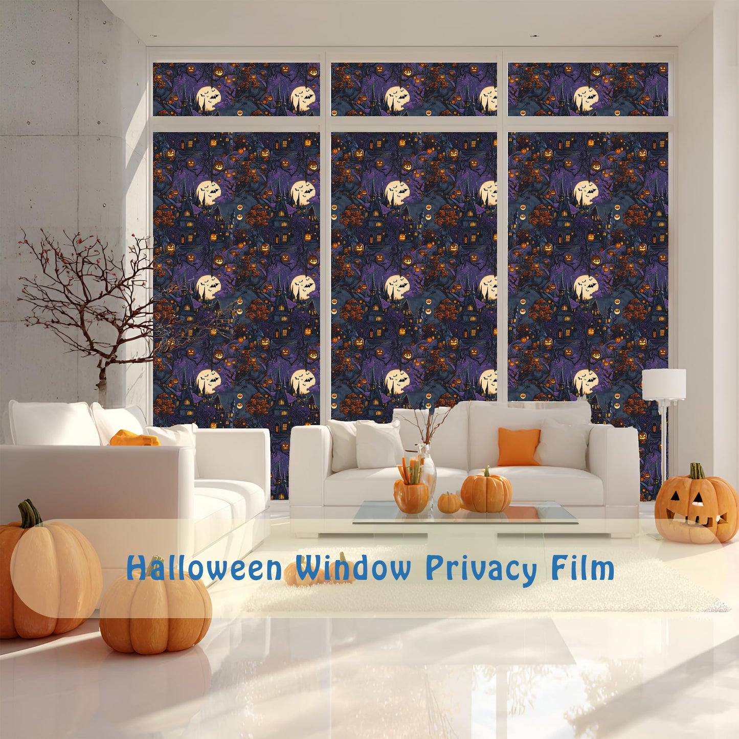 AMAZING WALL Halloween Haunted House,Pumpkins and Bats Window Film–Static Cling Privacy Glass Cover for Holiday Decoration,17x 78.7in/1 PCS