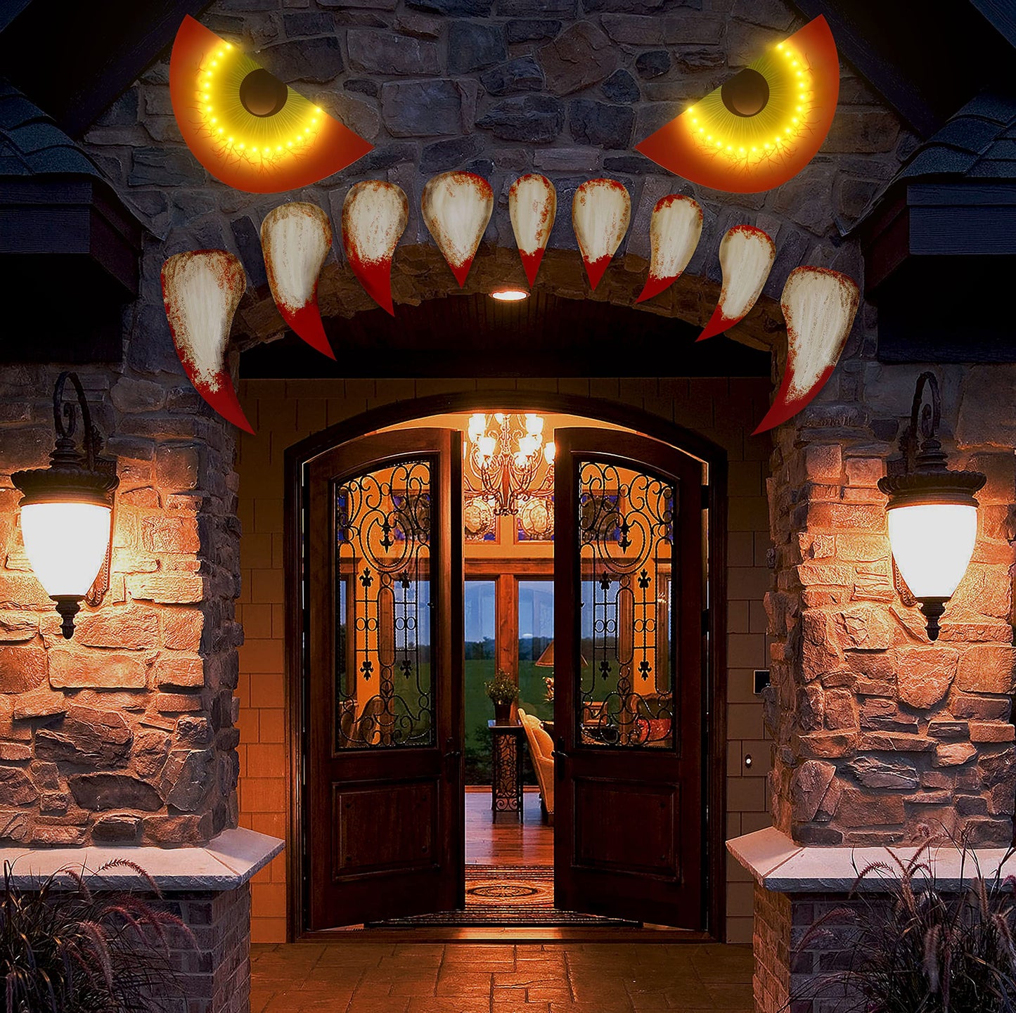 Large Size Halloween Garage Door Decorations 25.59inches - Monster Face House Archway Outdoor Decor with LED Eyes Teeth (Assembly Needed)