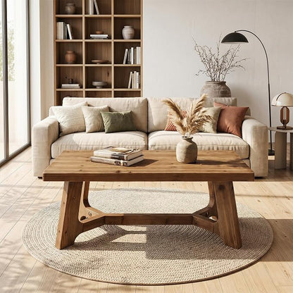 Solid Wood Coffee Table, 47-Inch Rectangle Coffee Table for Living Room, Farmhouse Accent Low Tea Tables for Home, Office, Brown