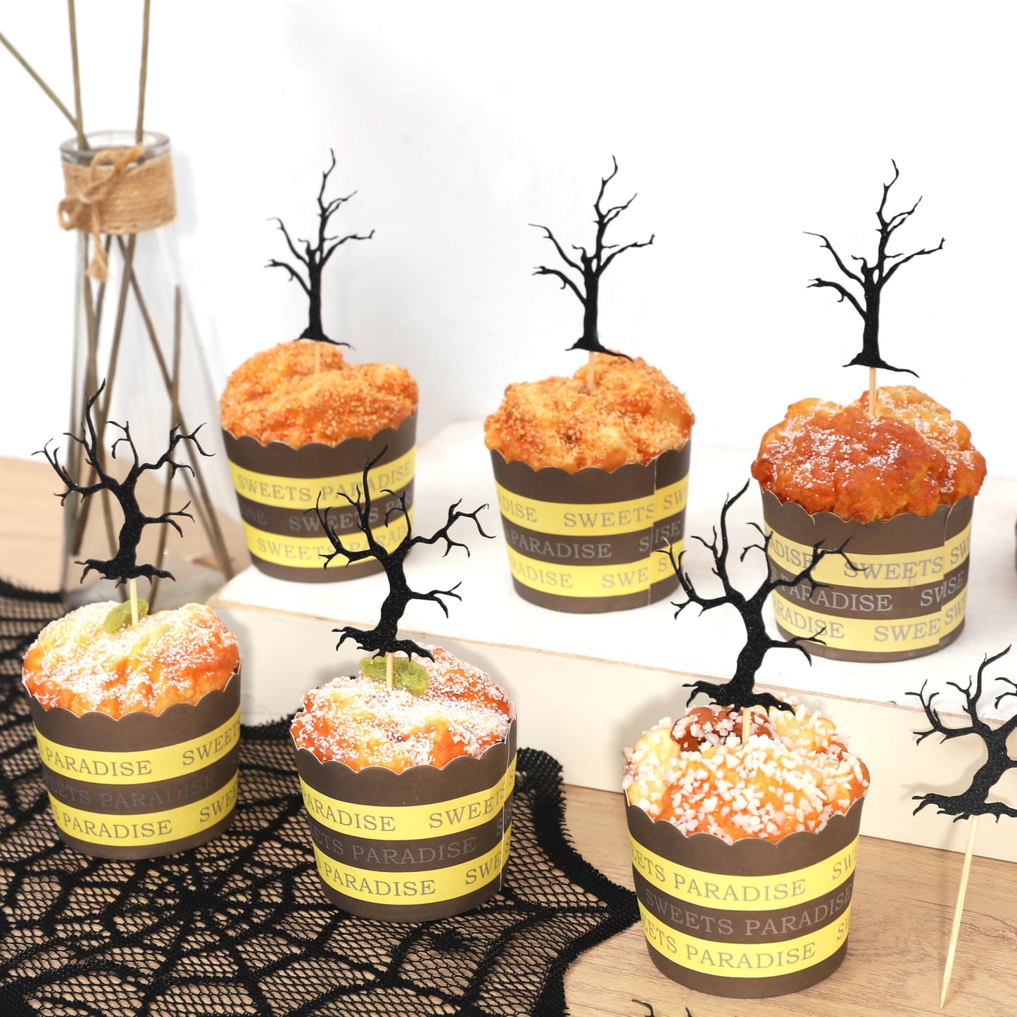 Haunted Forest Halloween Cupcake Topper - Haunted House Theme Baby Shower Party Decoration, Black Glitter Spooky Tree Cupcake Decoration, Halloween Birthday Party Supplies, Cake Smash Photo Props
