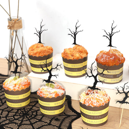 Haunted Forest Halloween Cupcake Topper - Haunted House Theme Baby Shower Party Decoration, Black Glitter Spooky Tree Cupcake Decoration, Halloween Birthday Party Supplies, Cake Smash Photo Props