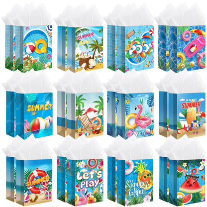 MIMIND Summer Beach Party Paper Bags with Tissue Paper 48 Pack Pool Kraft Goodie Candy Gift Treat Bags with Handles for Summer Luau Tropical Beach Party Favors Supplies