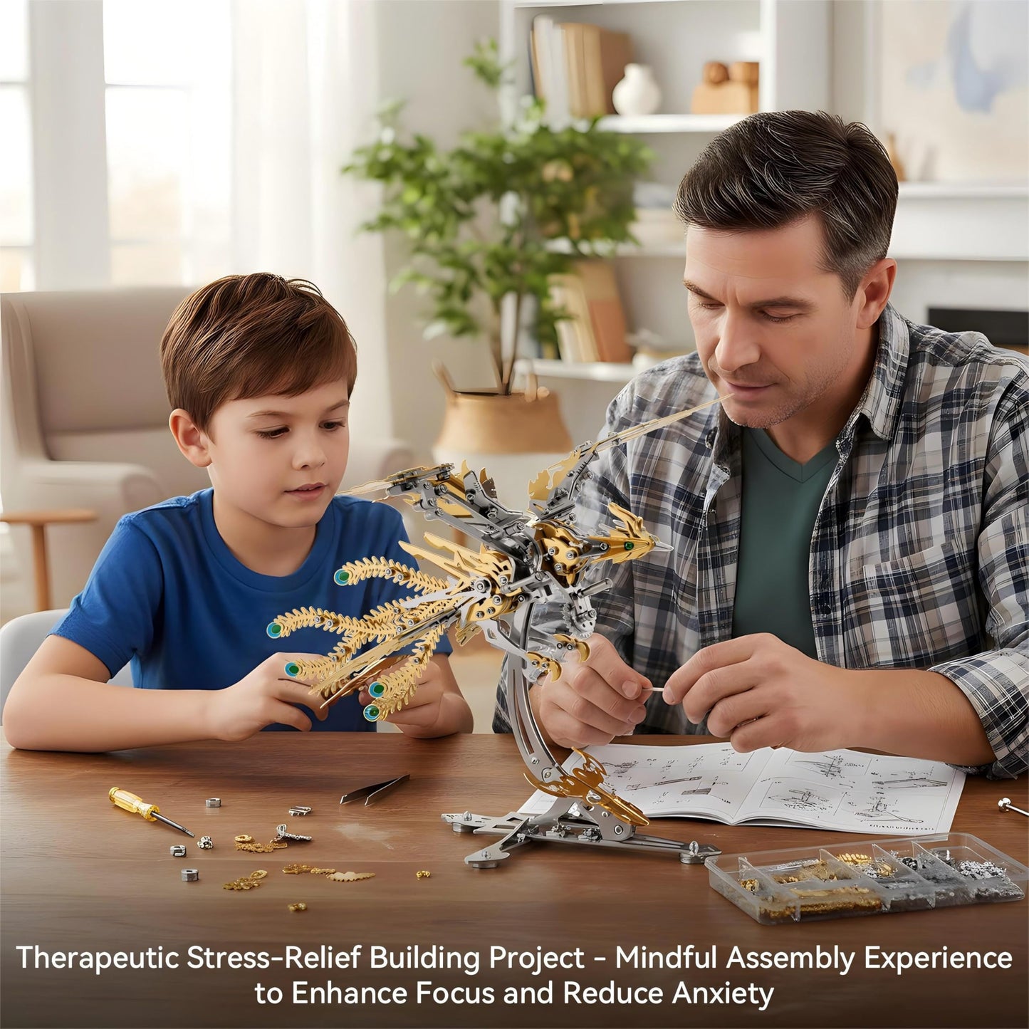 Gold-Plated Metal Phoenix Model Kit - 3D Stainless Steel Mythical Bird Puzzle for Adults - Mechanical Firebird Figurine - Steampunk Kinetic Art Sculpture - Home Decor Gift(Phoenix-Gold)