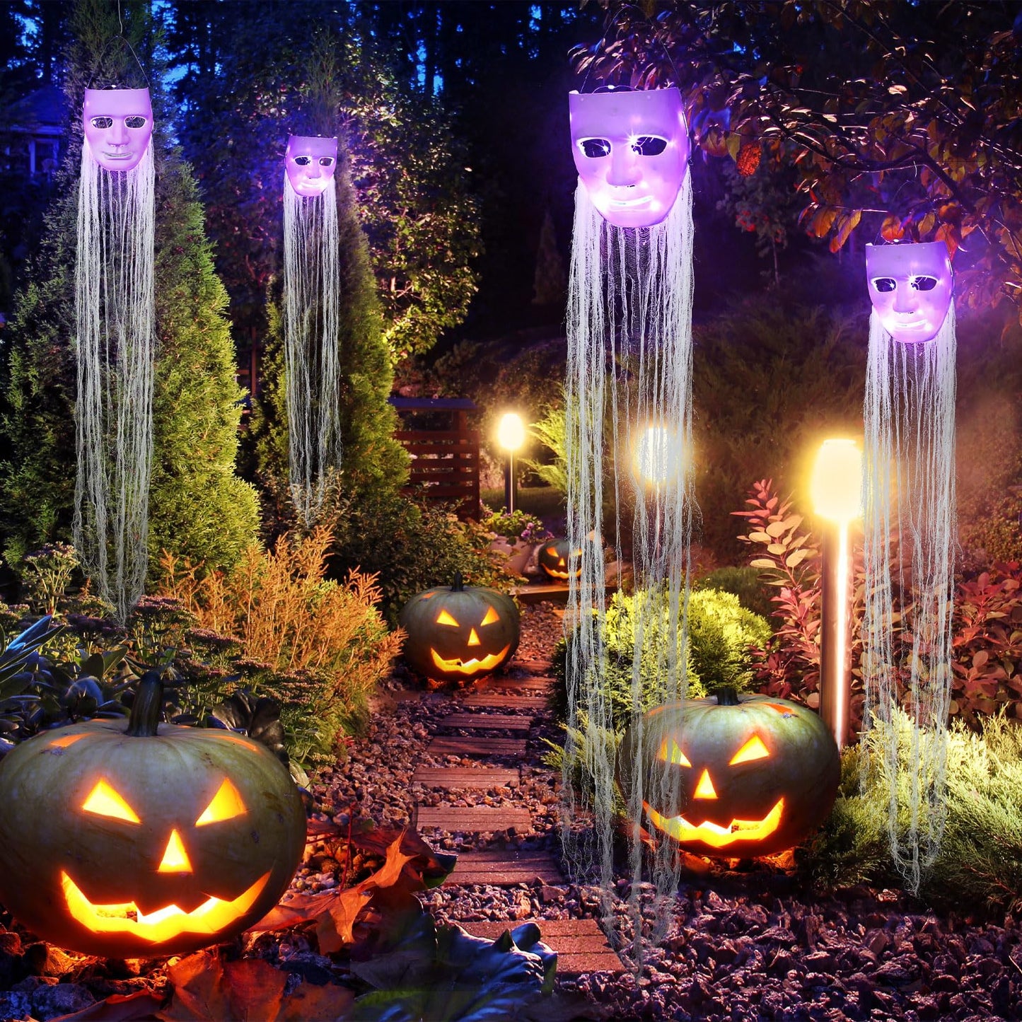 VitalCozy 4 Pcs Halloween Decorations Outdoor Hanging Ghost White Masks with Purple LED Lights Swinging Floating Glowing Ghost Light up Halloween Outdoor Tree Lawn Yard Garden Porch Decorations