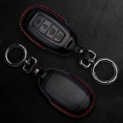 Tukellen Genuine Leather Key Fob Cover Smart Key Holder Sleeve Fit for 2020-2022 Hyundai Palisade Elantra GT Accent Kona Santa Fe Veloster (Black(Red line), 4 Button)