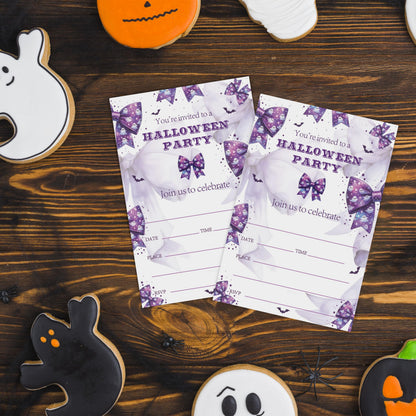 SIXEIGHT Purple Bow Halloween Party Invitations, Cute Ghost Halloween Invitations for Boys Girls, 25 Pack Purple Invite Cards with Envelopes, Wedding Birthday Baby Shower Party Decorations-E07