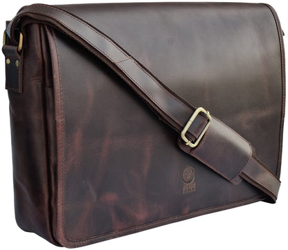 RUSTIC TOWN Leather Messenger Bag for Men Women - Full Grain Leather Laptop Satchel Office Shoulder Bag (16-Inch, Dark Brown)