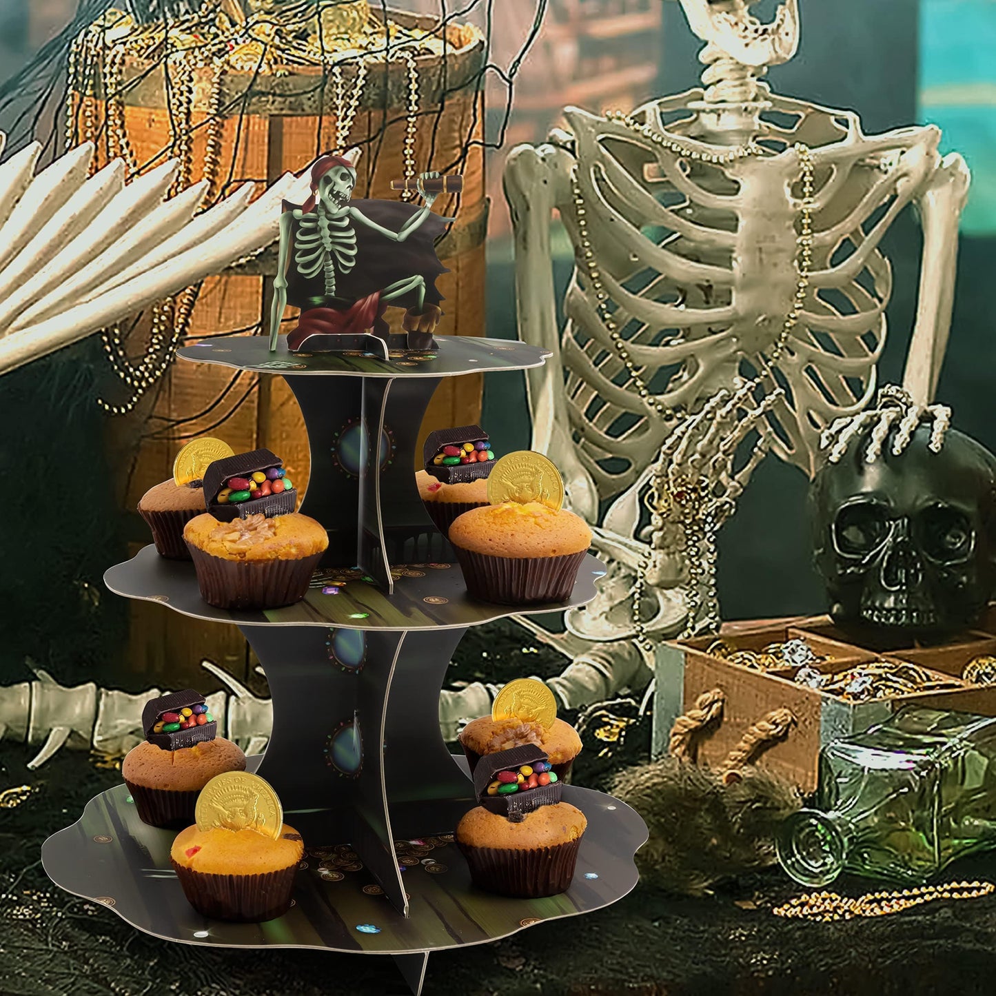 Cheerland Skull Pirate Cupcake Stand for Halloween Theme Party Decorations Cup Cake Holder Tier Stand Dessert Display Cake Serving Tray for Pirate Skeleton Spooky Birthday Cosplay Party Supplies