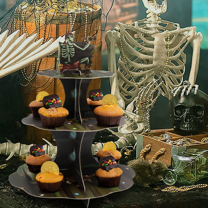 Cheerland Skull Pirate Cupcake Stand for Halloween Theme Party Decorations Cup Cake Holder Tier Stand Dessert Display Cake Serving Tray for Pirate Skeleton Spooky Birthday Cosplay Party Supplies