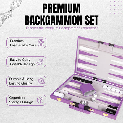 Premium Backgammon 18 Inches Large Purple - Backgammon Sets for Adults and Kids - Leatherette Back Gammon Board Game Set - Travel Backgammon Set Board Encased with Accessories