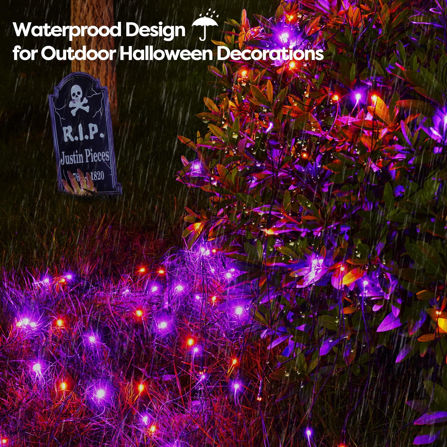 WBao Solar Halloween Lights Outdoor 200LED F8 Big Bulbs, 8.4ft x 5.2ft Orange Purple Net Lights with Remote, 8 Modes, Timer, Connectable, Waterproof & Dark Green Wire for Lawn, Bushes Halloween Decor